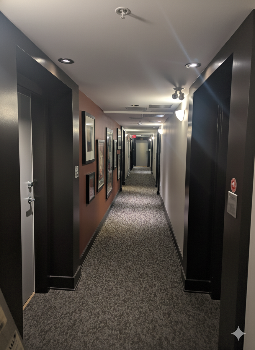Brightly lit hallway after an LED retrofit